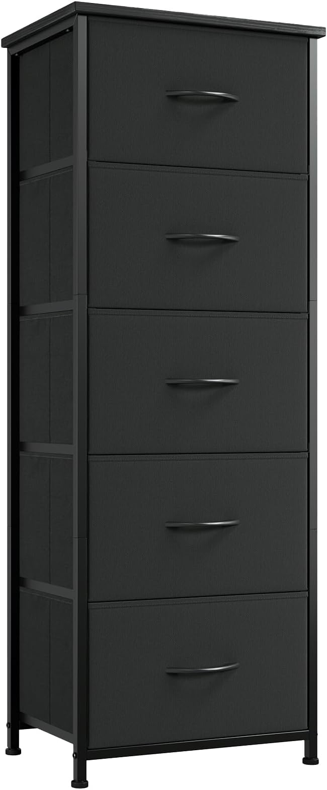Somdot Tall Dresser for Bedroom with 5 Drawers, Storage Organizer Chest of Drawers with Removable Fabric Bins for Closet Bedside Living Room Laundry Entryway Hallway, Black