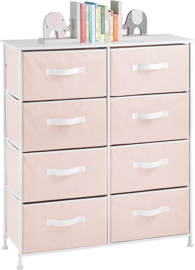 mDesign 38.31" High Steel Frame/Wood Top Storage Dresser Furniture, 8 Fabric Drawers, Large Bureau Organizer for Baby, Kid, Teen Bedroom, Nursery, Playroom, Dorm, Jane Collection, Pink/White