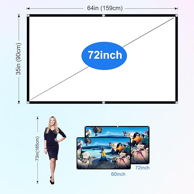 Projector Screen 72 inch，Portable Movie Projector Screen 16:9 HD Indoor Outdoor Double Sided Rear Projection Screen Video for Home, Party, Office, Classroom