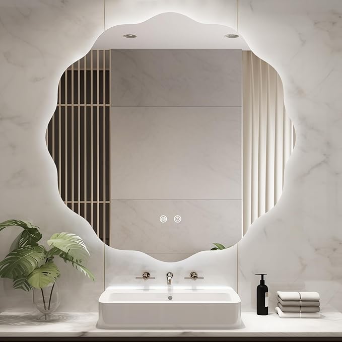 WallBeyond LED Bathroom Mirror with Lights, 32'' Wavy Round Light Up Bathroom Mirror, Anti Fog Led Mirror for Bathroom, 3 Colors and Dimmable Light