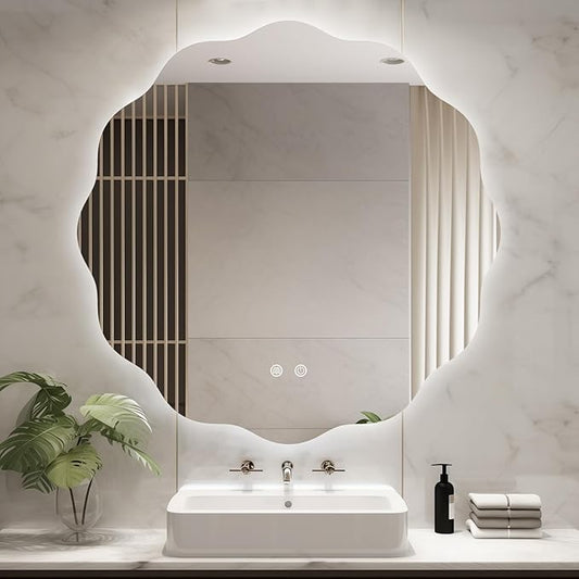 WallBeyond LED Bathroom Mirror with Lights, 32'' Wavy Round Light Up Bathroom Mirror, Anti Fog Led Mirror for Bathroom, 3 Colors and Dimmable Light