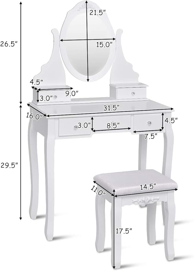 Giantex Vanity Set with Oval Mirror & Cushioned Stool, Makeup Dressing Table Large Storage with 5 Drawers, Mirrored Bedroom Vanities Makeup Table for Kids Girls Women, Easy Assembly (White)