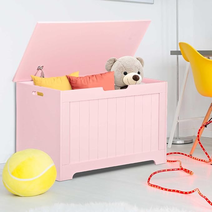 Wooden Storage Chest Box with Flip-top Lid & Safety Hinge, Living Room Organizer, Bedroom Bench with 100L Storing Area, Pink