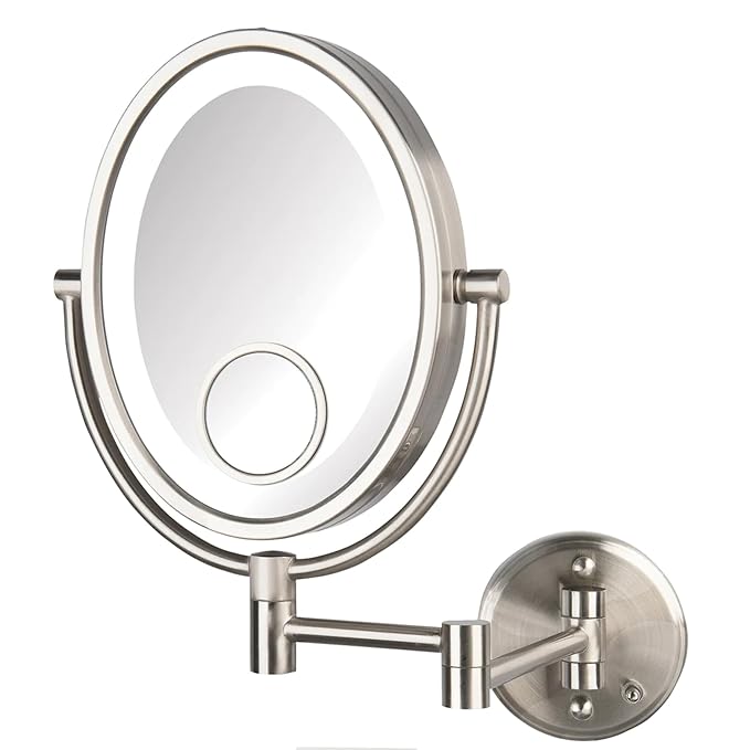 JERDON Two-Sided Wall-Mounted Makeup Mirror with Lights - Lighted Makeup Mirror with 10X Magnification & Wall-Mount Arm - Oval Mirror with Nickel Finish Wall Mount - Direct Wire - Model HL9515NLD