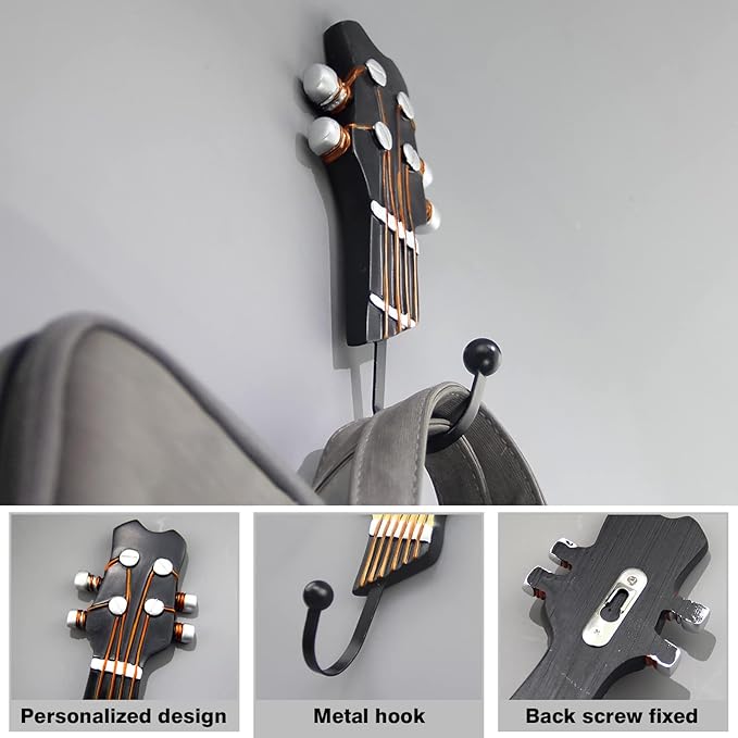 KUNGYO Vintage Guitar Shaped Decorative Hooks Rack Hangers for Hanging Clothes Coats Towels Keys Hats Metal Resin Hooks Wall Mounted Heavy Duty (3-Pack) (Guitar Hook-A)