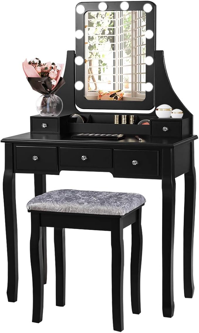 CHARMAID LED Vanity Desk with Lighted Mirror, 10 Dimming Bulbs, 5 Drawers, 3 Storage Organizers, Makeup Vanity Desk with Stool, Bedroom Dressing Table, Gift for Girls Women (Black)