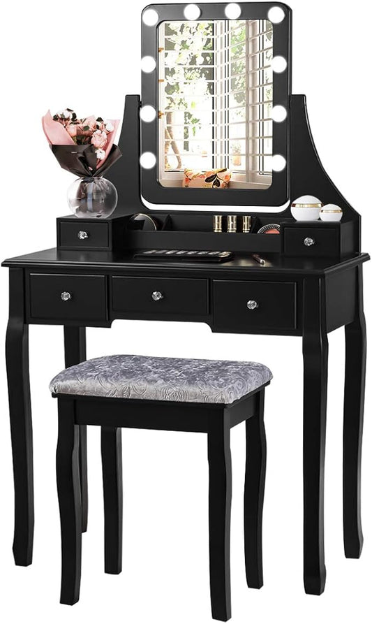 CHARMAID LED Vanity Desk with Lighted Mirror, 10 Dimming Bulbs, 5 Drawers, 3 Storage Organizers, Makeup Vanity Desk with Stool, Bedroom Dressing Table, Gift for Girls Women (Black)