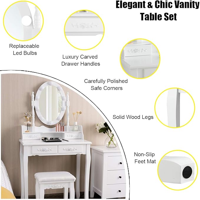 Giantex Makeup Vanity Table with 10 LED Lights, Adjustable Brightness, 3 Color Light Modes, 4 Drawers, Rotatable Mirror, Cushioned Stool, Vanity Desk Dressing Table Bedroom Furniture (White)