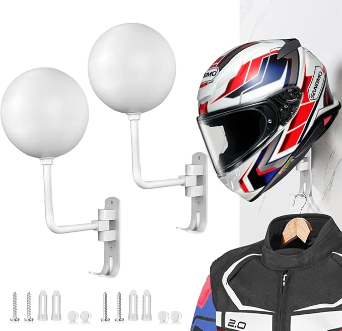 SNAGMO White 180° Motorcycle Helmet Rack, Rotation Metal Helmet Holder Wall Mount, Helmet Holder Bike with 2 Hooks Helmet Hanger for Motorcycle Bike Coats, Caps, Baseballs, Rugby Helmet (2 pcs)