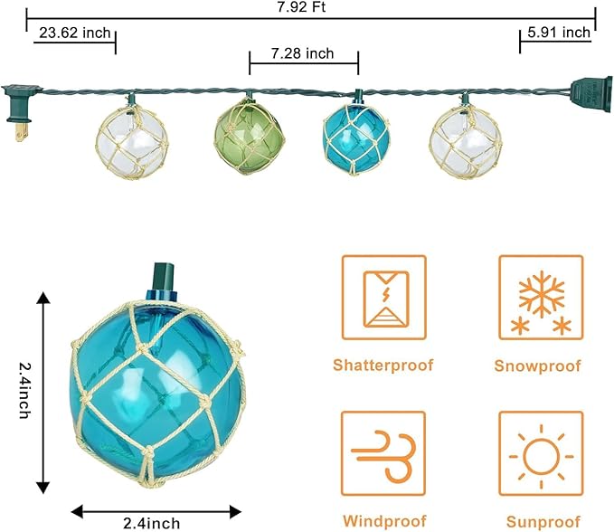 LIDORE Indoor String Light 10 Nautical Fishing Floats Coastal Buoy Beach Theme Decoration for Bedroom Bathroom Window Christmas Tree, 7.92Ft Indoor Outdoor Use