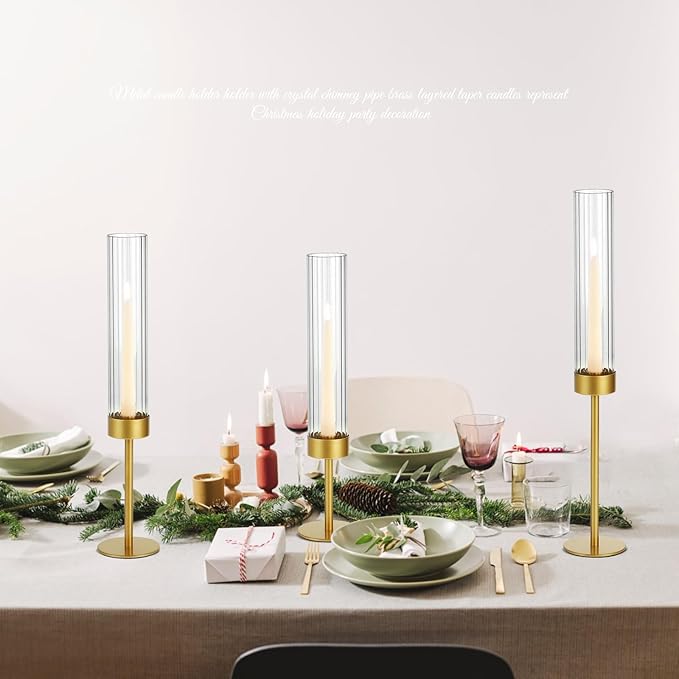 Glass Hurricane Candle Holders Set (18pcs)-Gold Metal Base Taper Candle Stick Holders for Candlesticks Holder Decor, Elegant Dining Table Centerpiece for Wedding, Christmas & Home Decor-Ribbed Glass