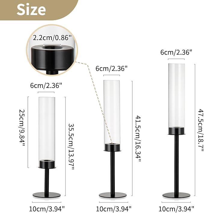 NUPTIO Hurricane Candle Holders Bulk: 18 Pcs Black Tapered Candlesticks Holder with Crystal Glass Cylinder Sleeves Metal Taper Candle Stick Holder for Christmas Thanksgiving Party Event Centerpieces