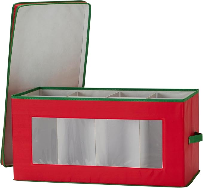 Household Essentials Holiday Figurine Storage Box, Windowed Storage with Lid, 8 Storage Compartments, Double Handles, Red with Green Trim
