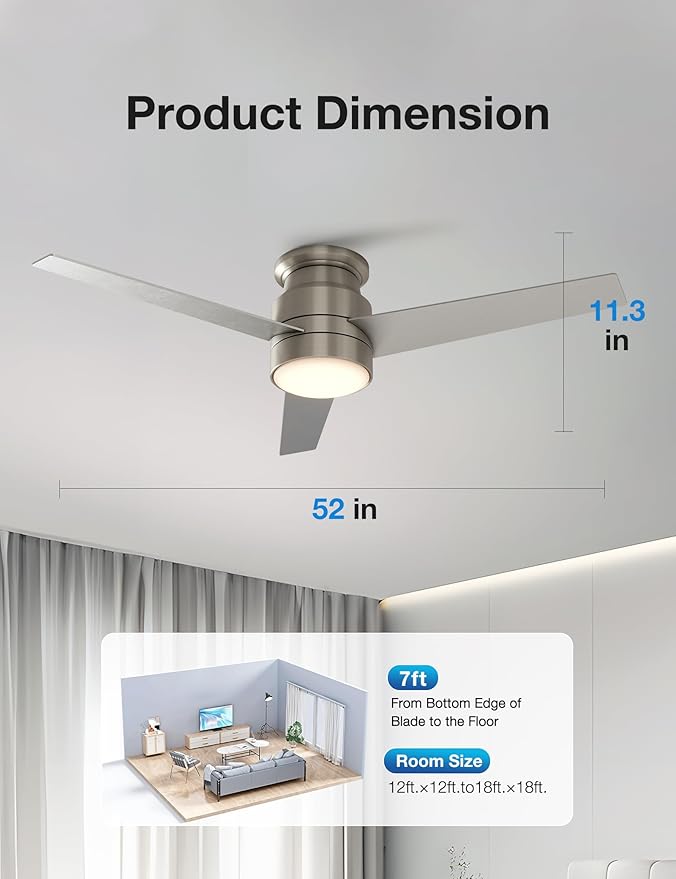 warmiplanet Flush Mount Ceiling Fan with Lights Remote Control, 52-Inch, Brushed Nickel, 3-Blades