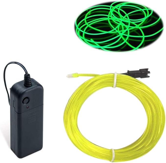 MaxLax EL Wire Fluorescen Green, 16.4ft/5m Portable Battery Pack Neon Light Strip 360° Cuttable Glowing Rope Lights for Parties, Halloween, DIY Decoration