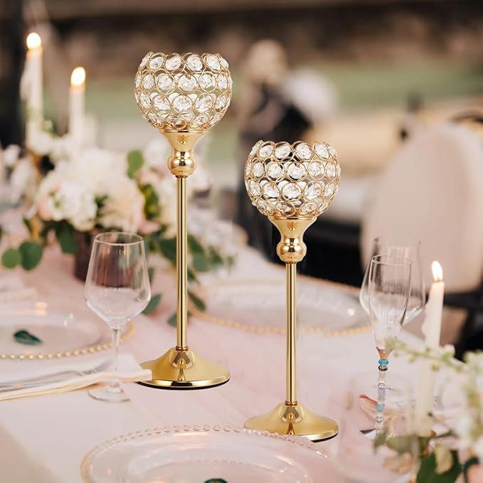 VINCIGANT 16PCS Gold Crystal Candle Holders Pillars for Wedding Decoration,Votive Crystal Candle Holders for Dinner Table Room Party Rhinestone Decorative