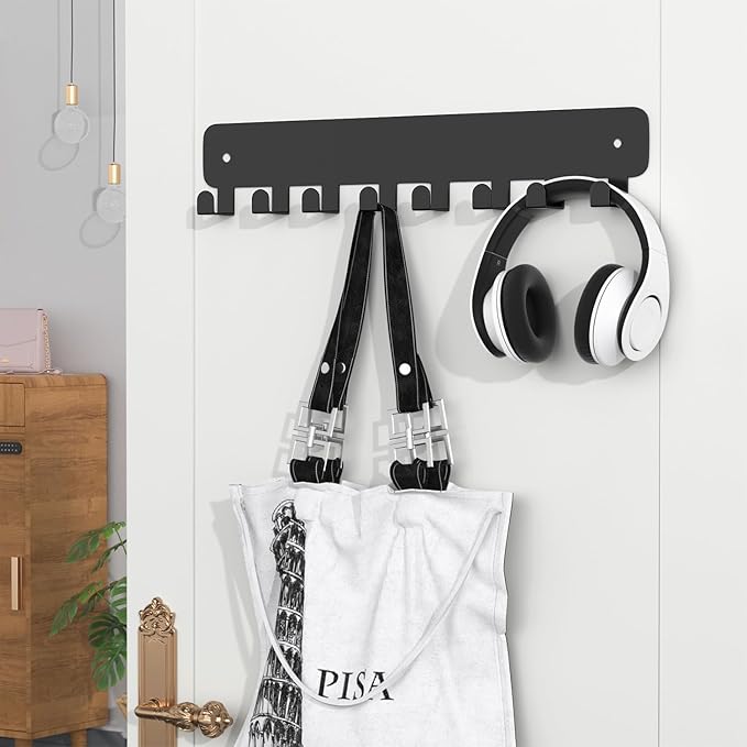 pickpiff 1 Pack Key Holder for Wall Adhesive, Key Hooks with 8 Hooks Wall Mounted, Black Key Hangers for Living Room, Kitchen, Office