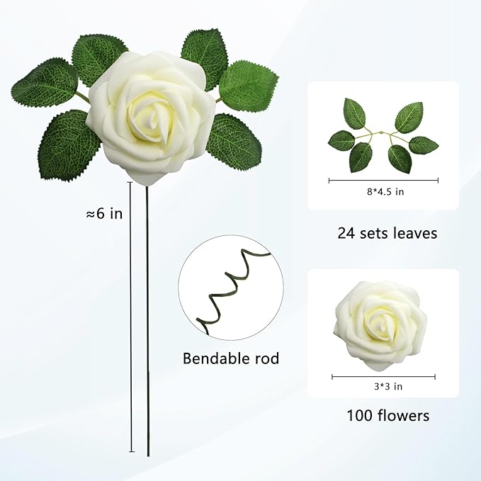 JOYLEX Ivory Artificial Flowers Realistic Roses, 100pcs Milk White Real Looking Fake Roses with Stem for DIY Wedding Bouquets Centerpieces Bridal Shower Party Home Romantic Decorations (Milk White)