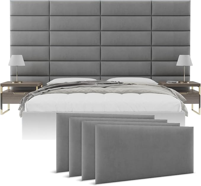 Vänt Upholstered Wall Panels - King/Cal King Size Wall Mounted Headboards - Micro Suede Grey - Twin/King Set of 4 Panels (Each Individual Panel 39"x11.5")
