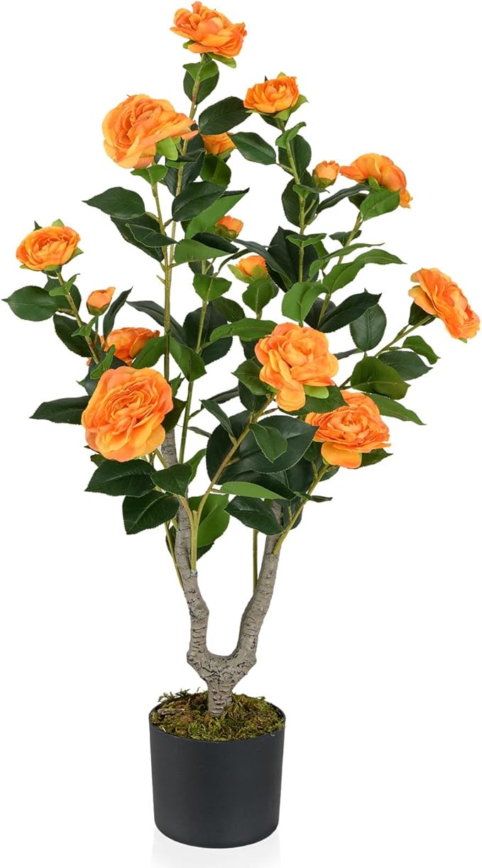 GOFLAME 3FT Artificial Camellia Tree, Faux Camellia Plant with Orange Flowers, Solid Wood Trunk, Realistic Moss, Greenery Potted Decoration Tree for Indoor Outdoor Home Porch Front Door