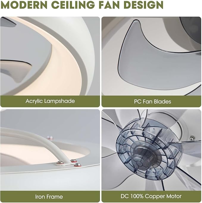 20" Modern White Flush Mount Ceiling Fan with Lights, 6 Wind Speeds, LED, Voice Control, Bedroom, Living Room, Kitchen
