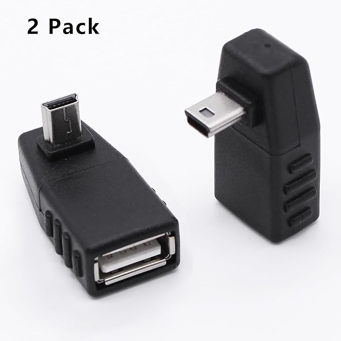 90 Degree Mini USB to USB A OTG Adapter,Down Angle Mini USB 5-Pin Type B Male to USB Type A Female Adapter Converter for Digital Cameras,Black(2 Pack,Down)