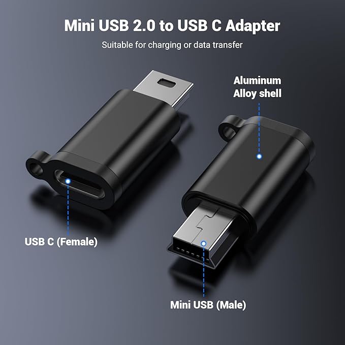 USB Mini Adapter,USB-C to Mini-USB Adapter, Type C Female to Mini USB 2.0 Male Converter Connector Support Charge & Data Sync for GPS Receiver/Digital Camera/Dash Cam/MP3 Player etc.(5 Pack)