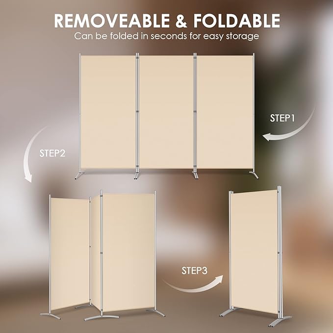 RANTILA 3 Panel Room Divider, 6 Ft Tall Folding Privacy Screen Freestanding Room Partition Wall Dividers, 102''W x 20''D x 71''H, Beige