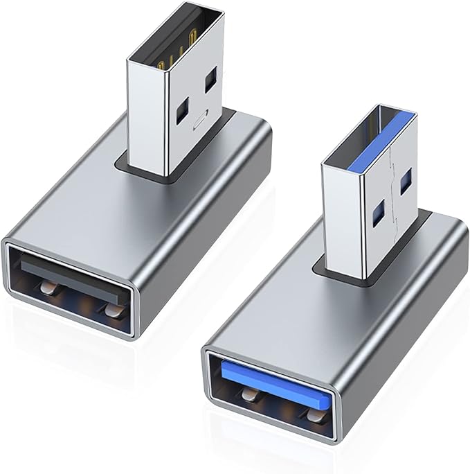 AreMe 90 Degree USB 3.0 Adapter 2 Pack, Left and Right Angle USB A Male to Female Converter Extender for PC, Laptop, USB A Charger, Power Bank and More (Grey)