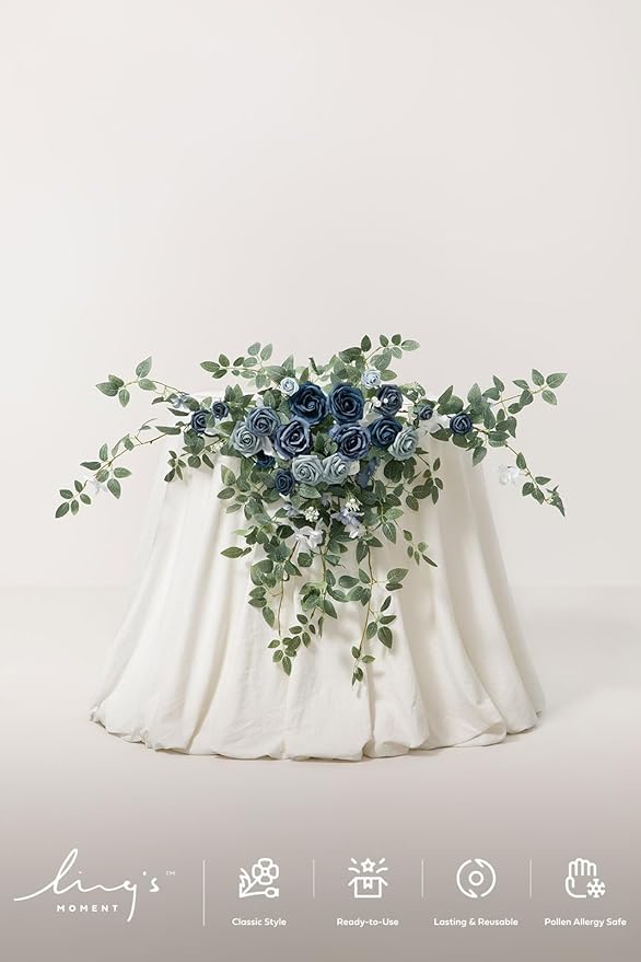 Ling's moment 2PCS Dusty Blue Artificial Floral Swags Centerpieces Wedding Flower Rose Garland Greenery Arrangements for Sweetheart Table Decor Backdrop Arch Flowers Wall Home Garden Decorations