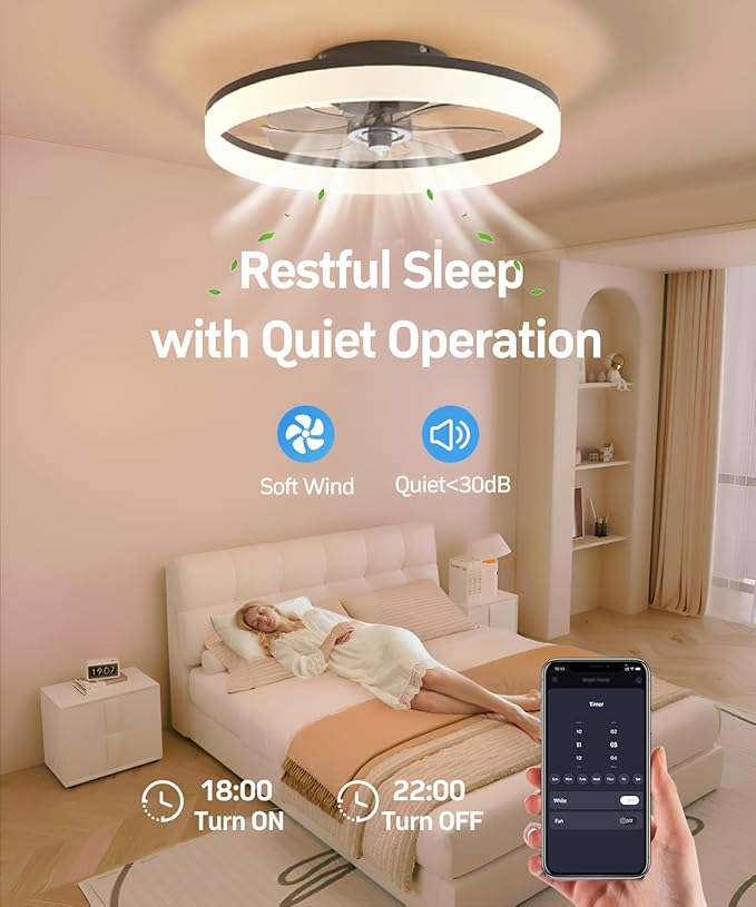 Smart Ceiling Fans with Light and Remote,20'' Low Profile Ceiling Fan with 6-Speed & Dimmable LED, Alexa/APP Home Voice Control, App, Reversible Airflow, App Timer, for Beedroom（Black）