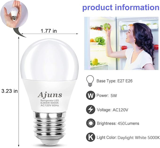LED Refrigerator Light Bulbs 40W Equivalent 120V A15 Fridge Waterproof Bulbs 5W Daylight White 5000K E26 Medium Base Freezer Light Bulbs Non-dimmable, 2Packs