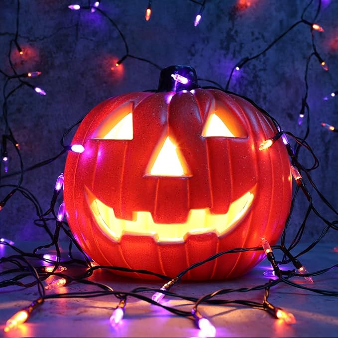 LYHOPE Orange Purple Halloween Lights Indoor, 33ft 100 LED Battery Halloween Light with 8 Mode, Timer, Waterproof Battery Operated String Lights for Home Tree Wreaths Party Yard Outdoor Holiday Decor