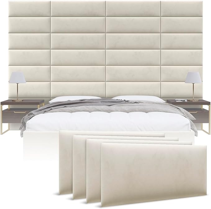Vänt Upholstered Wall Panels - Queen/Full Size Wall Mounted Velvet Headboards - Velvet Ivory - Set of 4 Panels (Each Individual Panel 30"x11.5")