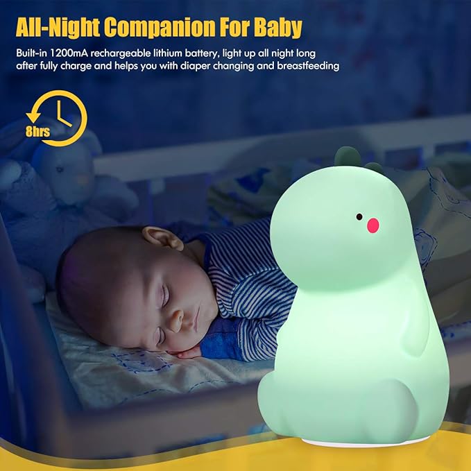 VSATEN Dinosaur Night Light for Kids, Cute Color Changing Silicone Baby Night Light with Touch Sensor, Portable Rechargeable LED Bedside Nursery Lamp for Toddler's Room, Gifts for Boys Girls, Green