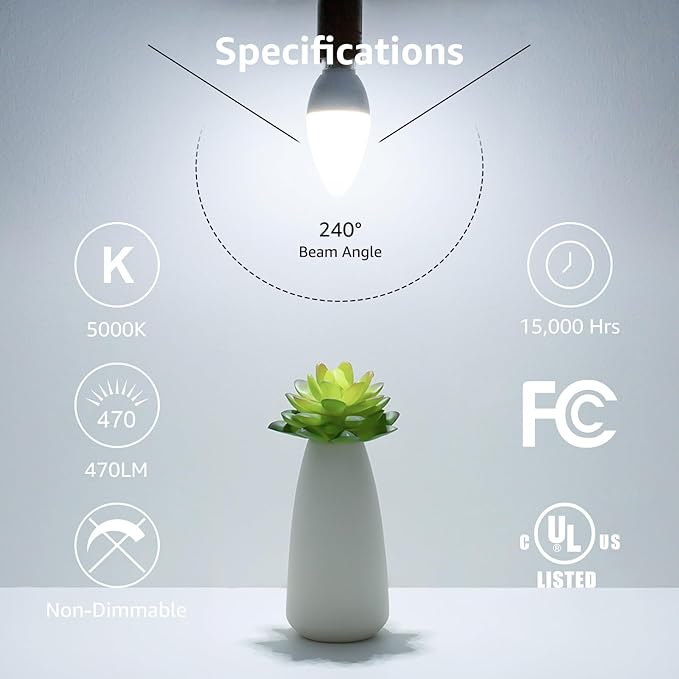 Lepro E12 LED Candelabra Light Bulbs, 5000 Kelvin Daylight White 5.5 watt, 40 watt Equivalent B11 C37 Ceiling Fan Bulb Chandelier Bulbs, Type B Small Base Candle Lights, Plastic, Not-dimmable, 3-Pack