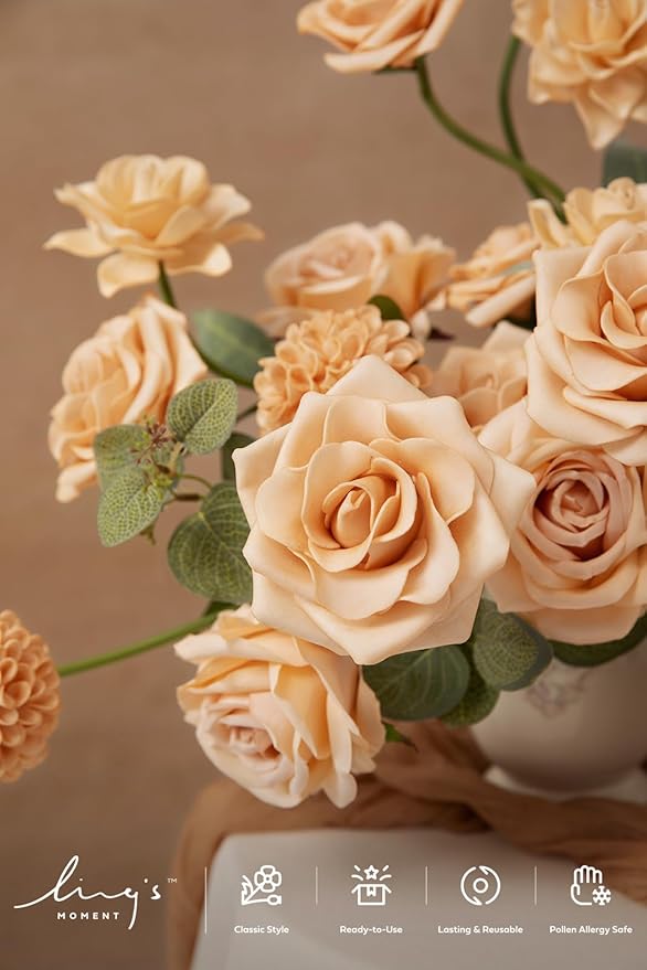 Ling's Moment Artificial Flowers Fake Silk Roses Faux Dahlia Foam Gardenia Combo for DIY Wedding Bouquets Centerpieces Arrangements Bridal Shower Party Home Decorations, Apricot & Peach, 24pcs