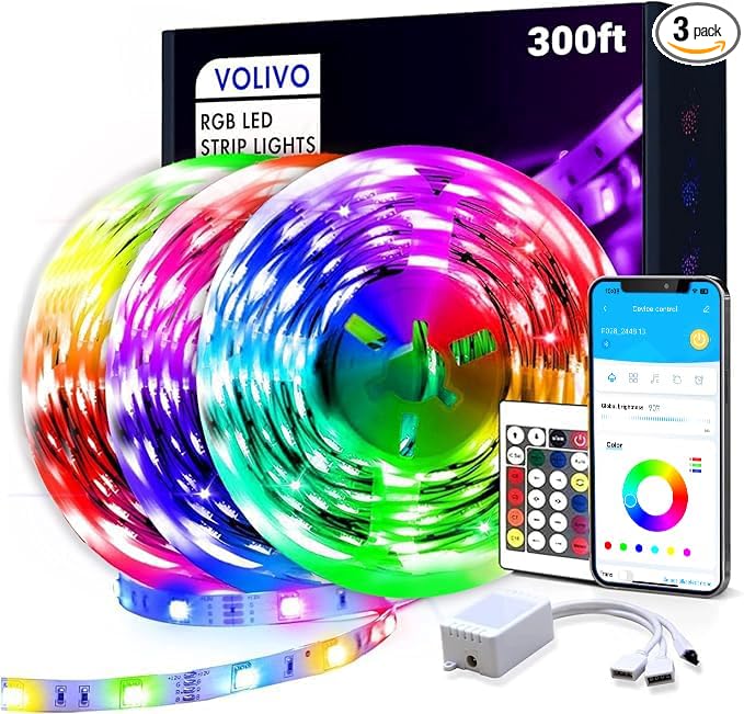 VOLIVO 300ft LED Strip Light Bluetooth, Color Changing LED Strip Lights for Bedroom, Music Sync RGB Lighting with 24Key Remote/APP Control for Home Decoration