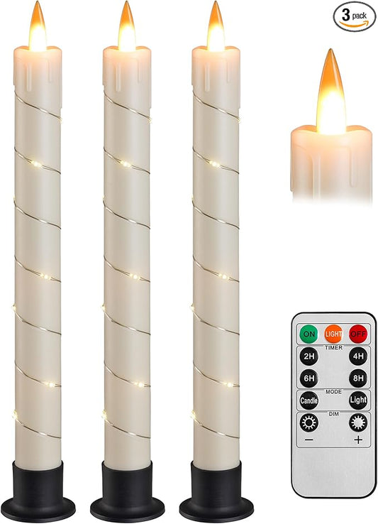 Da by 3 Pcs Flickering Flameless Battery Operated Taper Candle-Window Candles with Remote and Time-LED 3D Dynamic Flame-9.6 Inches for Wedding, Party,Home Decoration-Ivory