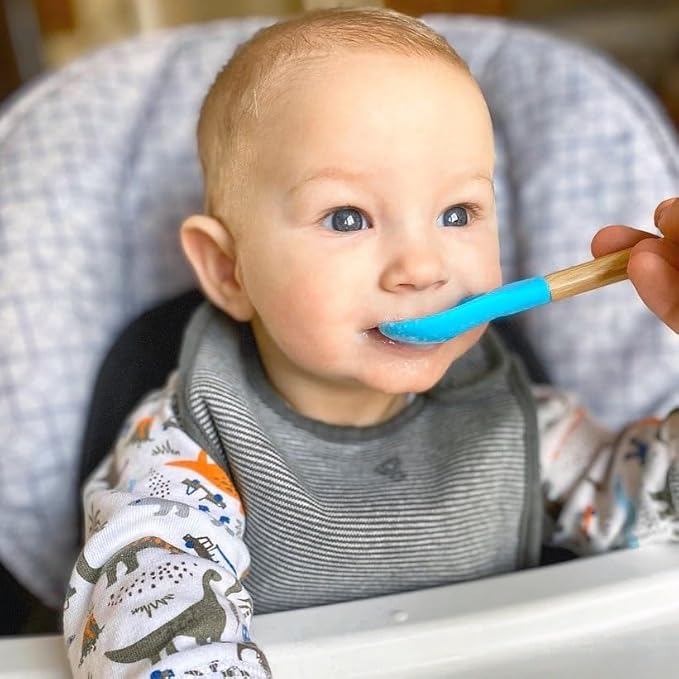 Avanchy Bamboo & Silicone Infant Training Spoons, BPA Free - Soft Tip, Easy on Gums, First Stage Feeding Utensils for Baby-Led Weaning, Self-Feeding, Yellow