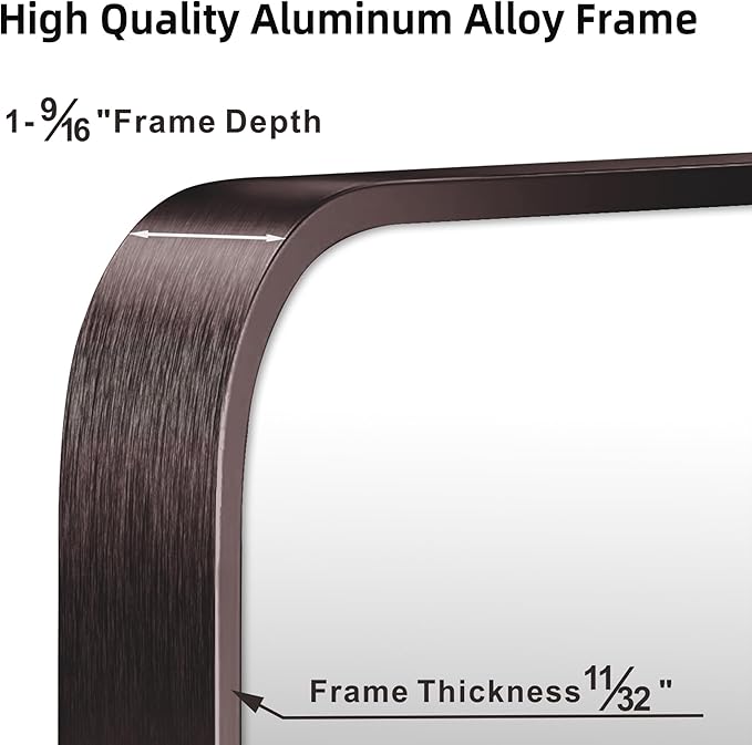 24"x36" Brushed Titanium Metal Framed Rounded Rectangle Mirror, Dark Grayish Brown Wall Mounted Mirrors for Bathroom Entryway Vanity Living Room Bedroom, Vertical or Horizontal