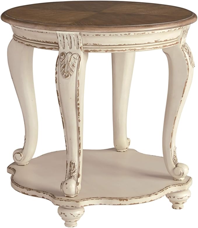 Signature Design by Ashley Realyn French Country Round End Table Two-Tone Accent Table – Chipped White