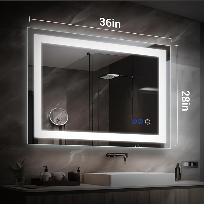 36 x 28 LED Bathroom Mirror with Lights Led Mirror Bathroom Lighted Large Wall-Mounted Vanity Mirror Smart Touch Button,Anti-Fog,Waterproof,Stepless Dimmable,Adjustable Color