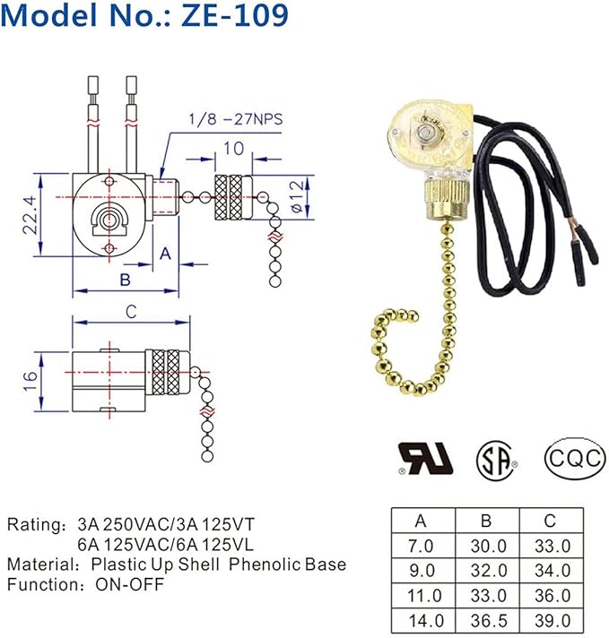 Pull Chain Switch Zing Ear ZE-109 Ceiling Fan Switch Ceiling Fan Light Lamp Replacement 2 Pack Brass