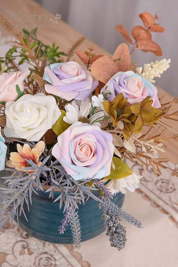 MACTING 60PCS Artificial Rose Flowers Real Touch Fake Flowers with Stem Foam Roses for DIY Wedding Bouquets Baby Shower Table Centerpieces Party Holiday Home Spring Mothers Day Decor(Light Rainbow)