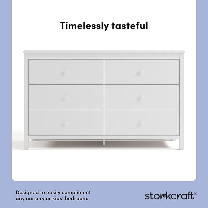 Storkcraft Alpine 6-Drawer Dresser (White) – GREENGUARD Gold Certified, White Dresser for Bedroom, Kids & Nursery Storage Drawers, Safety Interlocking Drawers, Pre-Installed Tracks, Kids Bedroom