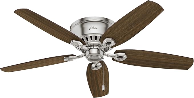 Hunter 52 inch Indoor Ceiling Fan with LED Lights - Ceiling Fan with Pull Chain, For Bedroom, Living Room, or Kitchen, Low Profile Mount, No Remote, 5 Blades - Builder 53328, Brushed Nickel