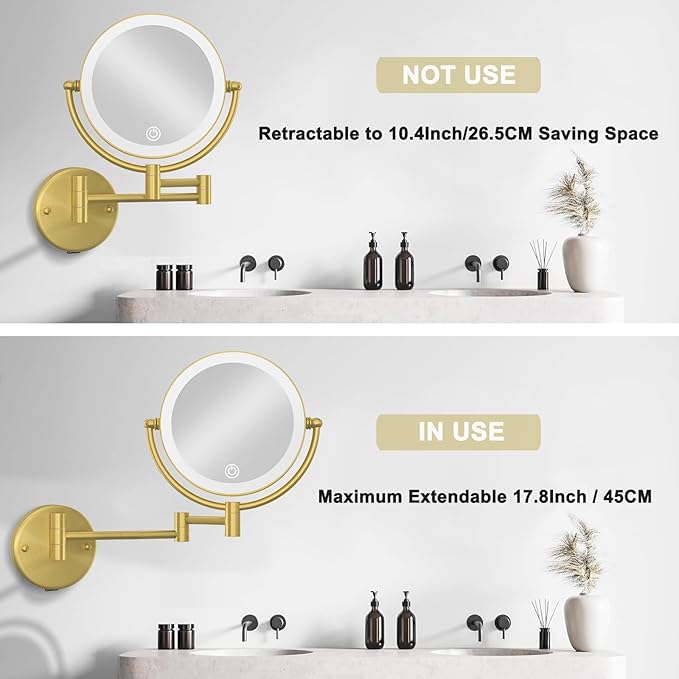 Rechargeable Wall Mounted Lighted Makeup Mirror with Magnification Gold, 8 Inch 1X/10X Magnifying Two Sided Led with Lights, 360 Swivel Extendable Shaving Mirror for Bathroom, Brushed Gold