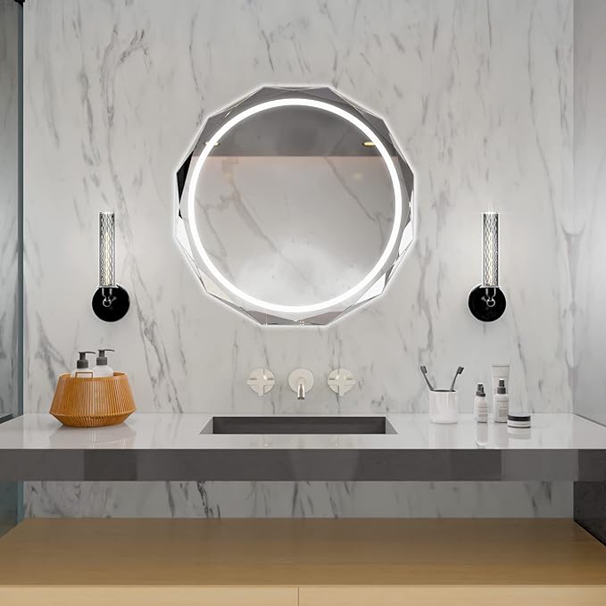 Round LED Bathroom Mirror, Beveled Edge Frameless Wall Mount Bathroom Vanity Mirror with 3-Color and Anti-Fog, 30 Inch, Silver