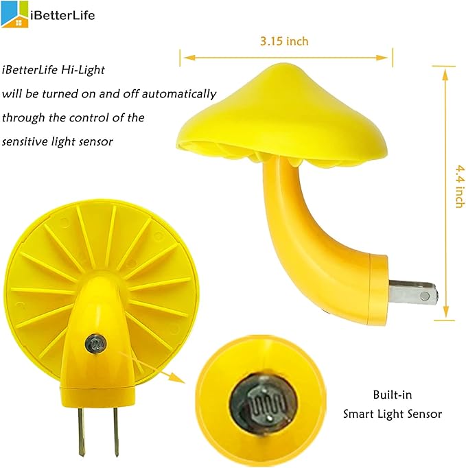 iBetterLife Sensor LED Mushroom Night Light Plug-in Wall Dream Bed Room Nightlight for Adults Kids Cute Mushroom Lamp Cottagecore Decor for Bedroom, Bathroom, Stairs, Hallway Corridor Warm Yellow